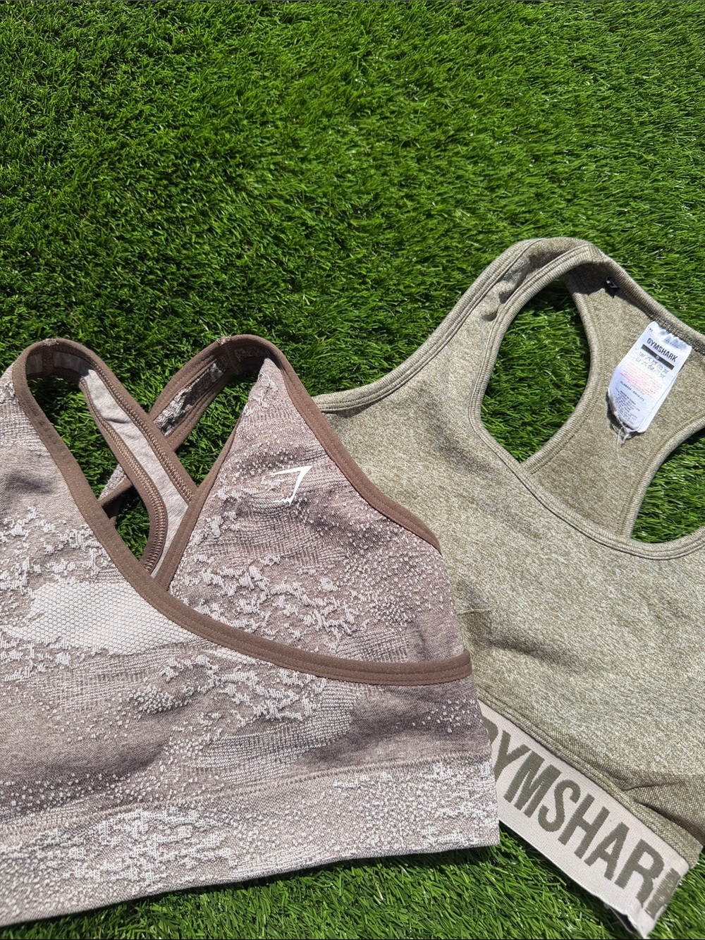 Gymshark Olive Green & Taupe Patterned Sports Bras